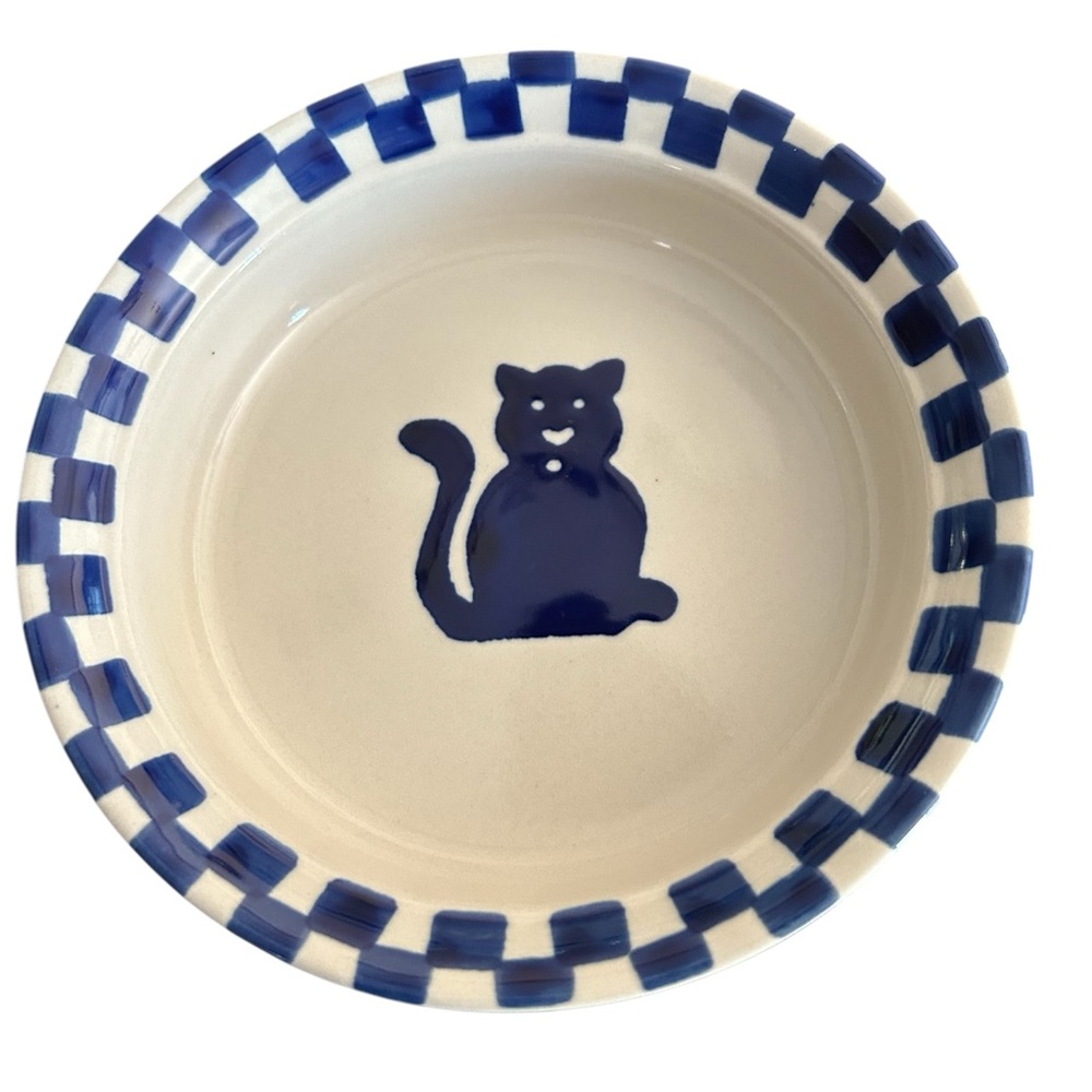 Vintage Blue and White Checkered Cat Pet Ceramic Water Food Bowl 1 Cup Capacity